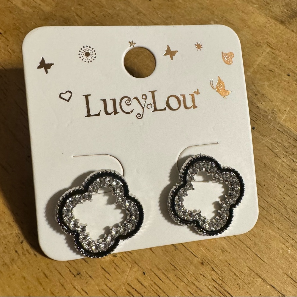 Lucy Lou Silver Tone Rhinestone Clover Earrings
